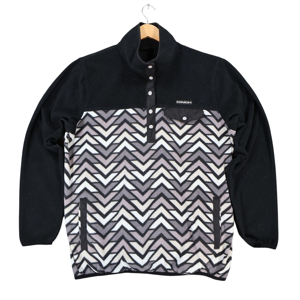 Cinch Fleece Pullover Mens M Black Grey White Chevron Geometric Snap Neck Jacket